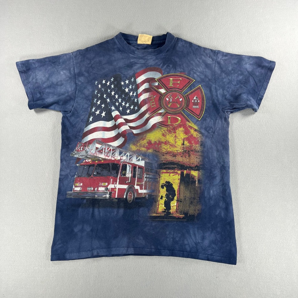 Vintage 90s The Mountain Firefighter Graphic Blue Tee Mens Size L Made In USA